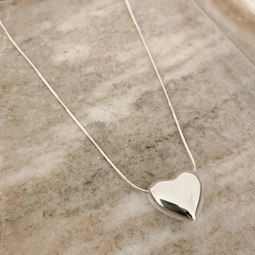 925 Sterling Silver Heart Necklace Large Heart Pendant Necklace Heart Chain